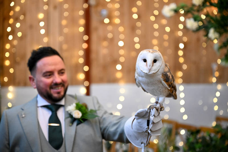 groom with barn owl at B Corp farm wedding venue features on Channel 5 Rich Wedding Poor Wedding 3rd May 2026 9pm