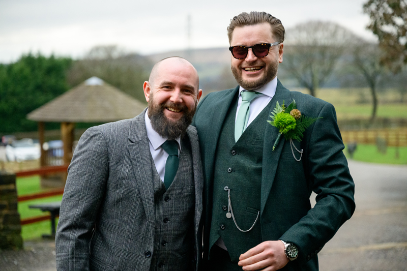 men posing in suits at B Corp farm wedding venue features on Channel 5 Rich Wedding Poor Wedding 3rd May 2026 9pm