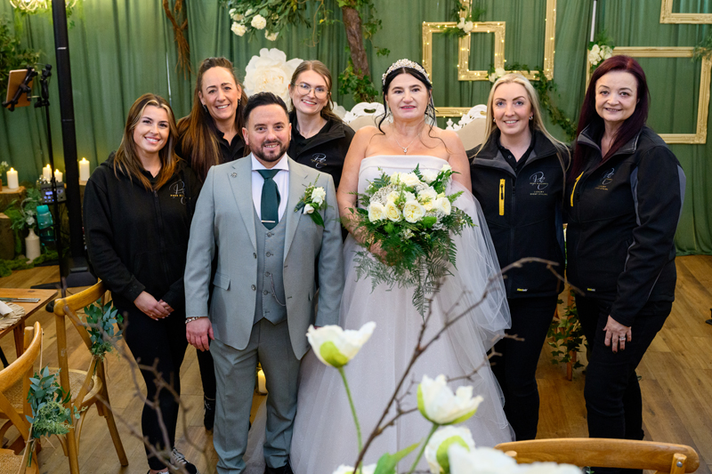 bride and groom with Pure Elegance decoration team at B Corp farm wedding venue features on Channel 5 Rich Wedding Poor Wedding 3rd May 2026 9pm